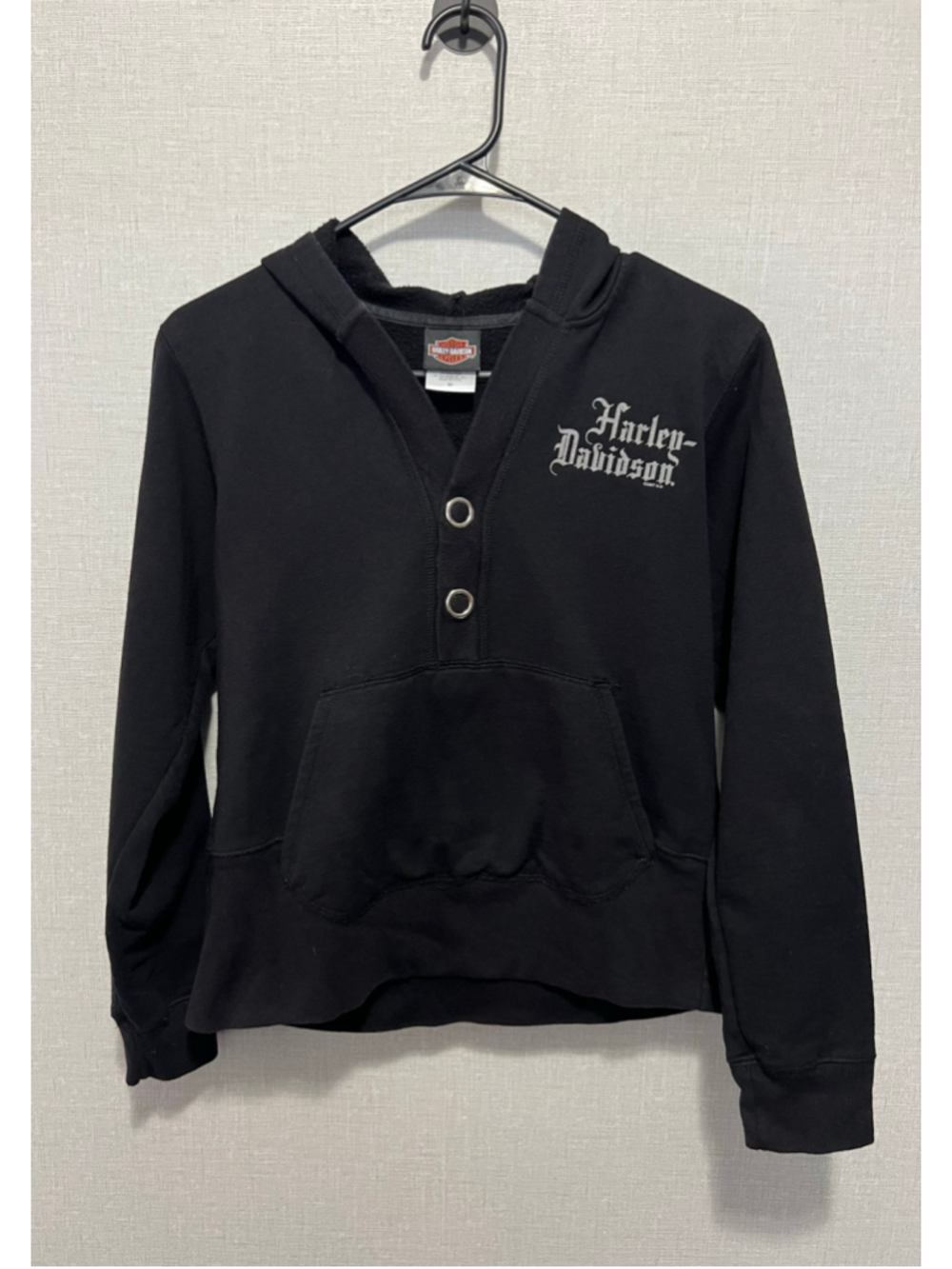 Harley Davidson California Black Hooded Henley Sweatshirt With Logo Front Pocket